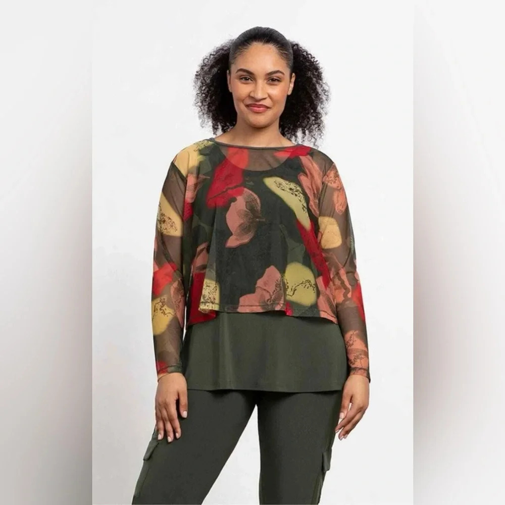 Sympli Floral Camo Mesh Cropped Top Size‎ 12 Long Sleeve Scoop Neck NWT